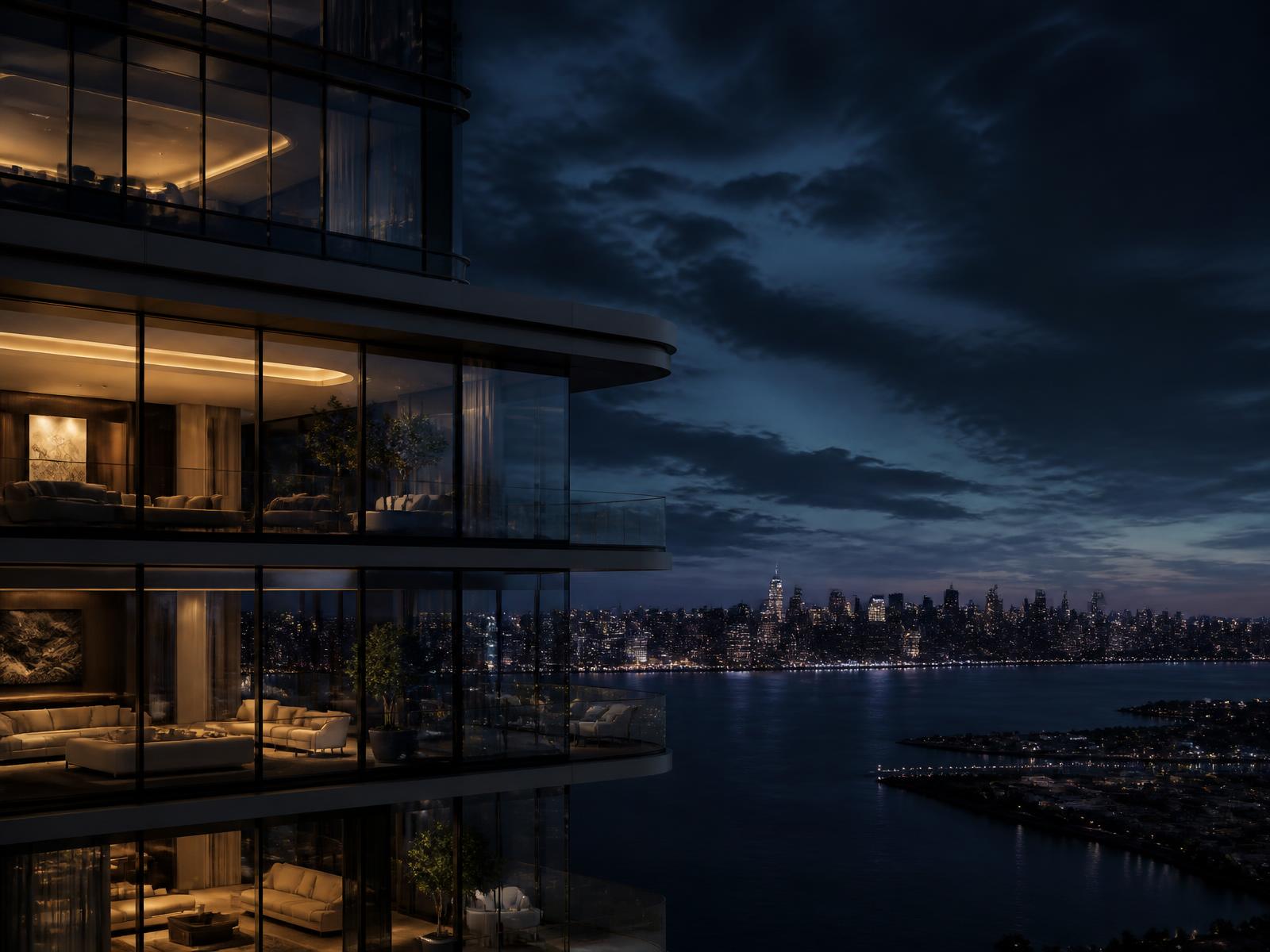Torre residencial de alto padrão iluminada ao anoitecer